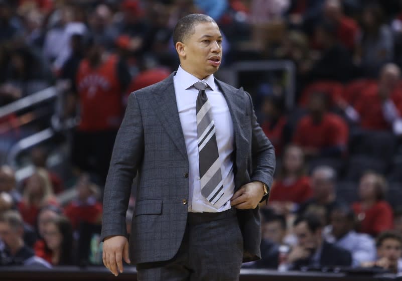 TORONTO, ON - OCTOBER 17: Head Coach Tyronn Lue of the Cleveland Cavaliers looks on in the second half of the NBA season opener against the Toronto Raptors at Scotiabank Arena on October 17, 2018 in Toronto, Canada. NOTE TO USER: User expressly acknowledges and agrees that, by downloading and or using this photograph, User is consenting to the terms and conditions of the Getty Images License Agreement. (Photo by Vaughn Ridley/Getty Images)