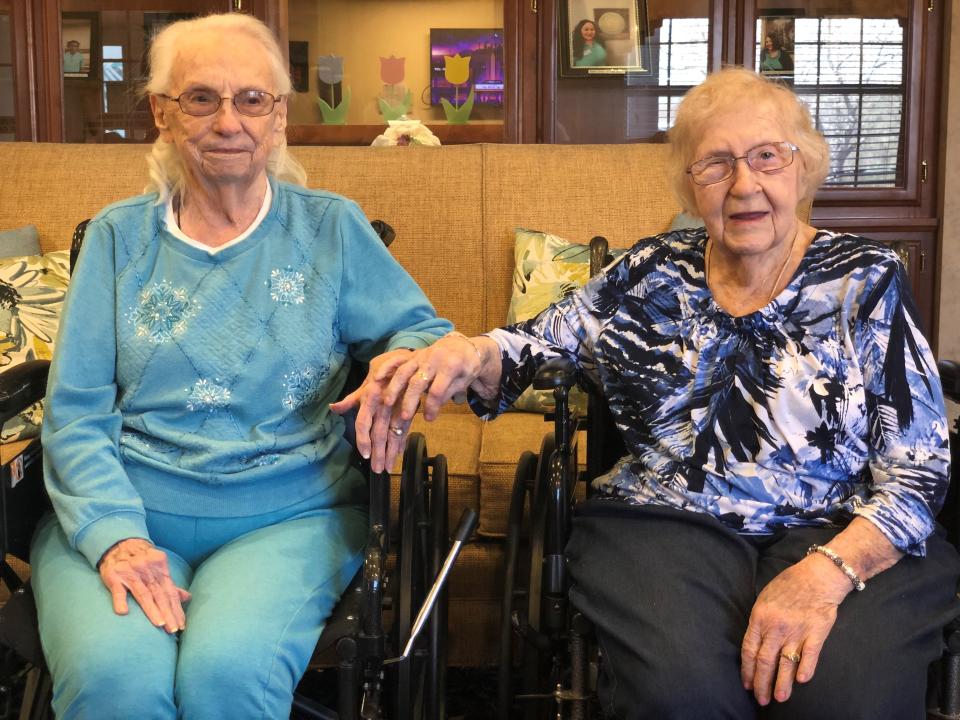 Jane Scott and Joann Vandiver, both 94, at the American House of Jackson.