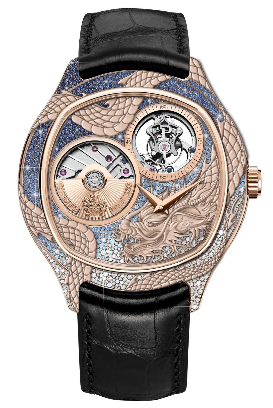 Polo Emperador系列龍年限定18K玫瑰金藍寶石鑽石陀飛輪腕錶，價格店洽圖片來源：PIAGET提供