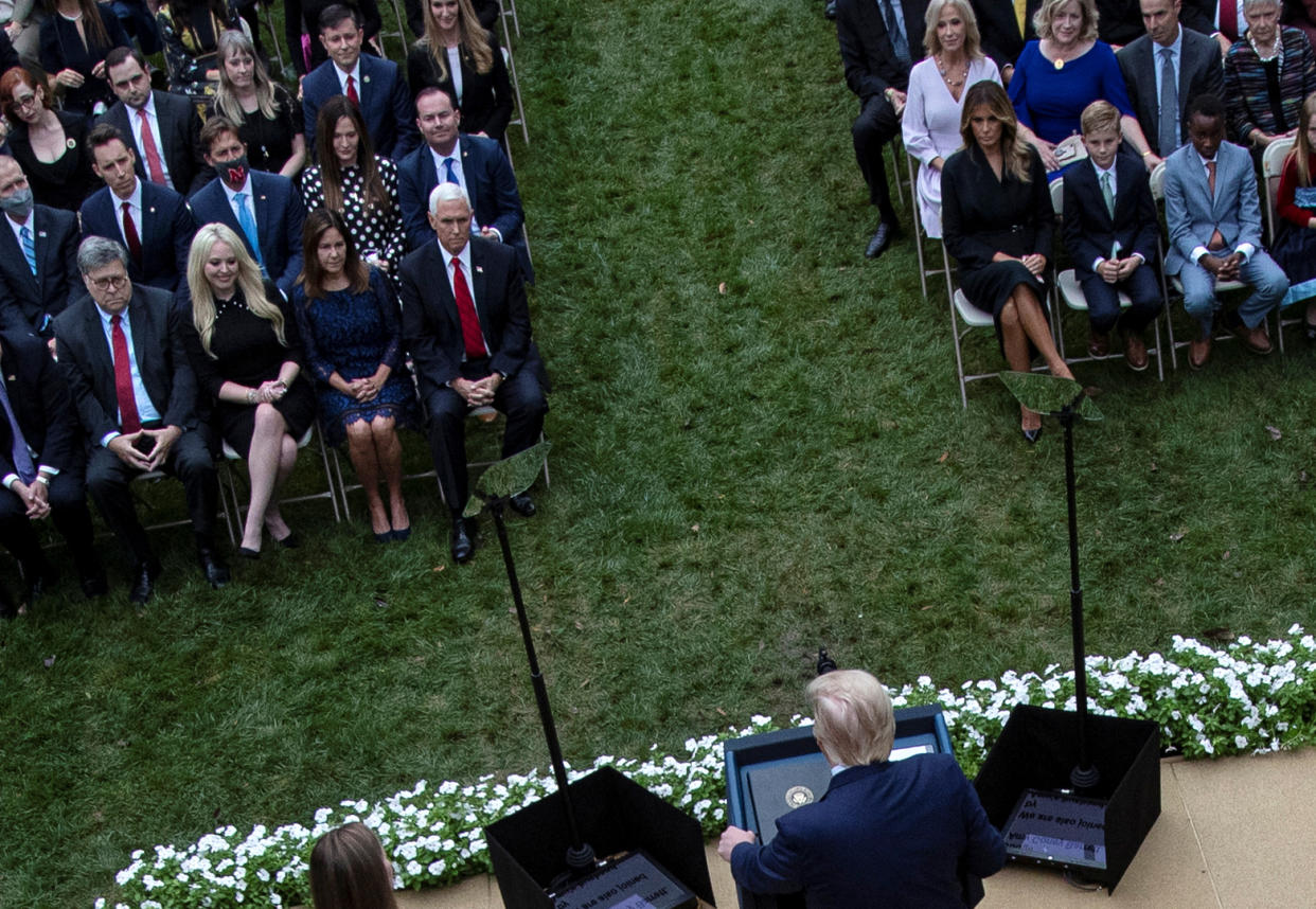 U.S. Senator Mike Lee (R-UT) is seen  sitting at the audience as U.S President Donald Trump holds an event to announce his nominee of U.S. Court of Appeals for the Seventh Circuit Judge Amy Coney Barrett to fill the Supreme Court seat left vacant by the death of Justice Ruth Bader Ginsburg, who died on September 18, at the White House in Washington, U.S., September 26, 2020. Picture taken September 26, 2020. REUTERS/Carlos Barria