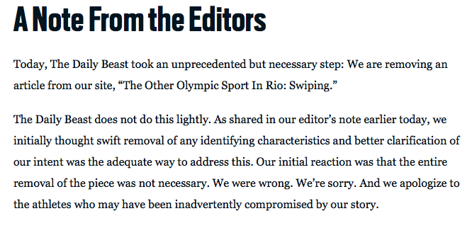 The website eventually apologised for offence caused by the story. Photo: Daily Beast.