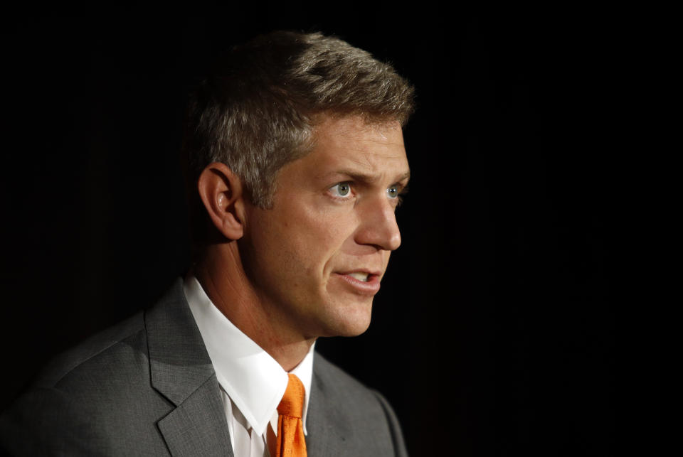 Mike Elias, the Baltimore Orioles' new executive vice president and general manager, speaks at a baseball news conference, Monday, Nov. 19, 2018, in Baltimore. (AP Photo/Patrick Semansky)