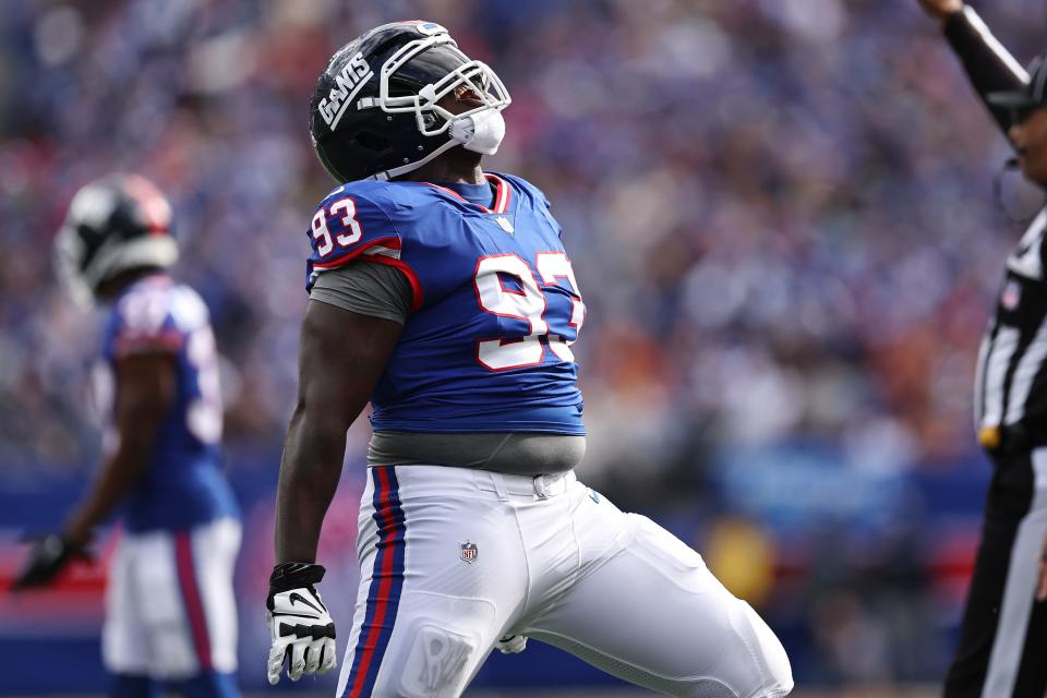 EAST RUTHERFORD, NEW JERSEY - OCTOBER 22: Rakeem Nunez-Roches #93 of the New York Giants celebrates after a tackle in the second quarter of the game against the Washington Commanders at MetLife Stadium on October 22, 2023 in East Rutherford, New Jersey. (Photo by Dustin Satloff/Getty Images)