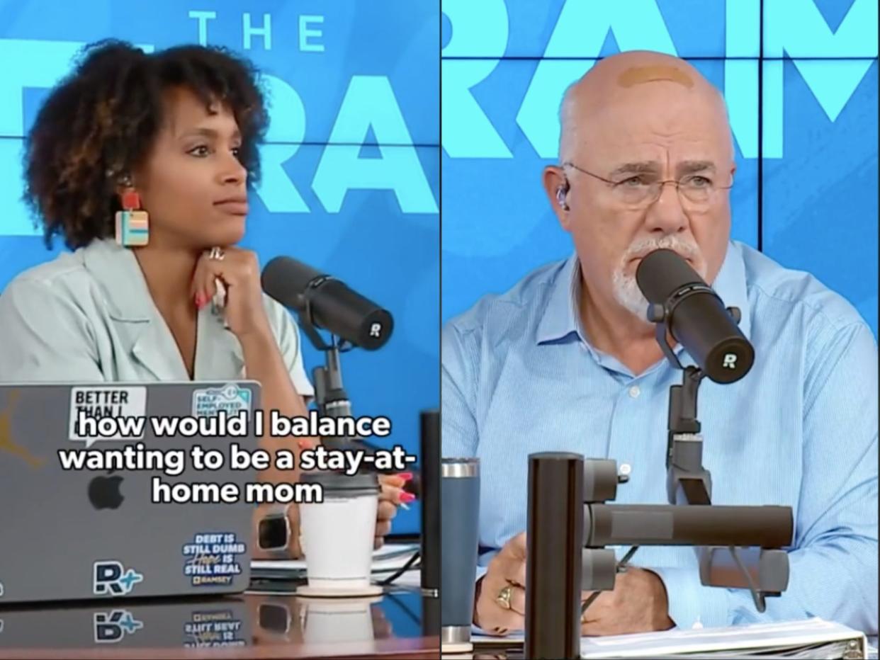 A composite of screenshot from "The Ramsey Show" where Jade Warshaw and Dave Ramsey are sitting in a studio and speaking into two microphones.