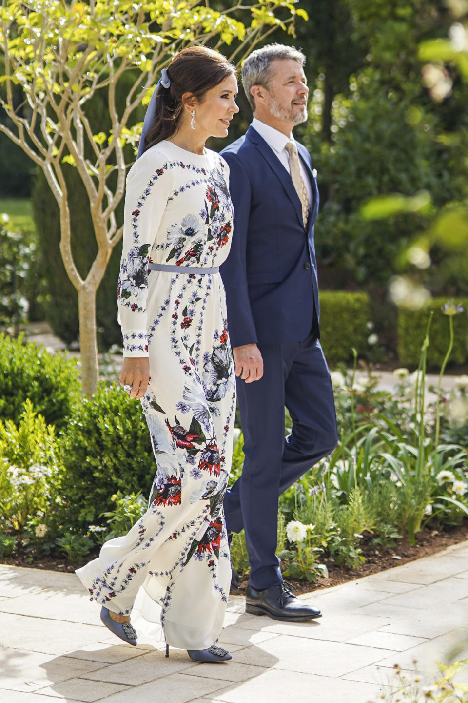 Crown Prince of Denmark Frederik and his wife Crown Princess Mary arrive at the marriage ceremony of Crown Prince Hussein and Saudi architect Rajwa Alseif on Thursday, June 1, 2023, in Amman, Jordan. (Royal Hashemite Court via AP)