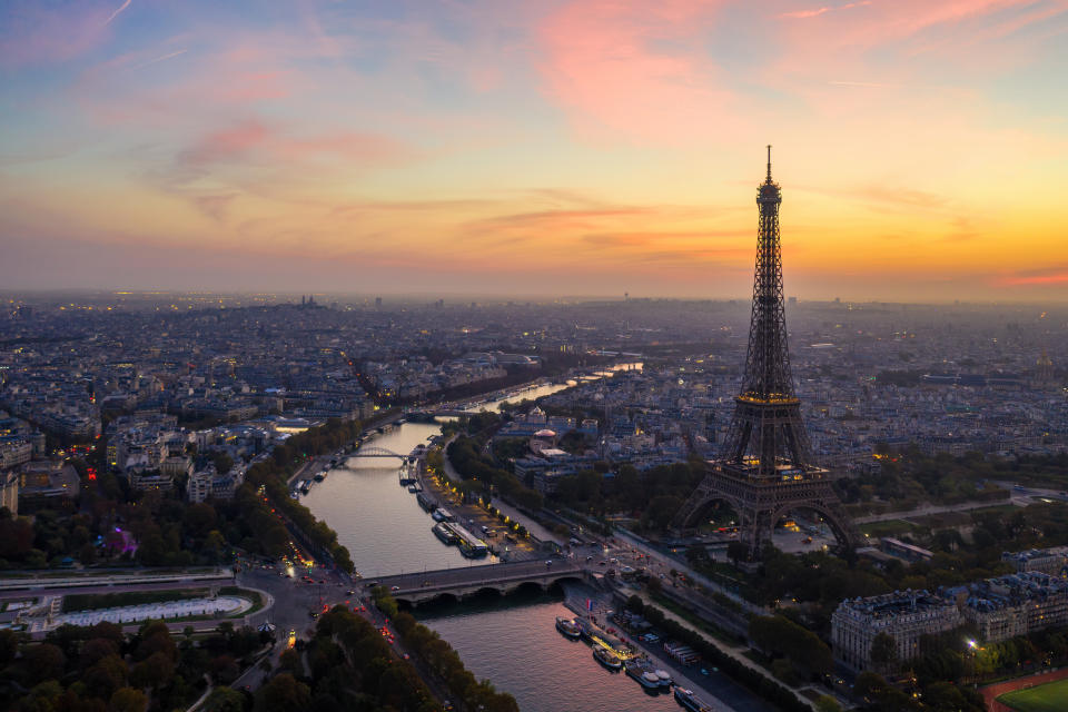 Aerial Paris Seine River Eiffel Tower Bridges 7th Division Dawn