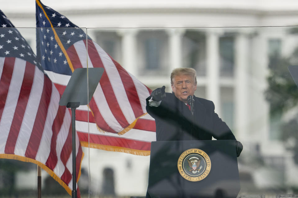 President Donald Trump speaks during a rally protesting the electoral college certification of Joe Biden as President, Wednesday, Jan. 6, 2021, in Washington. (AP Photo/Evan Vucci)