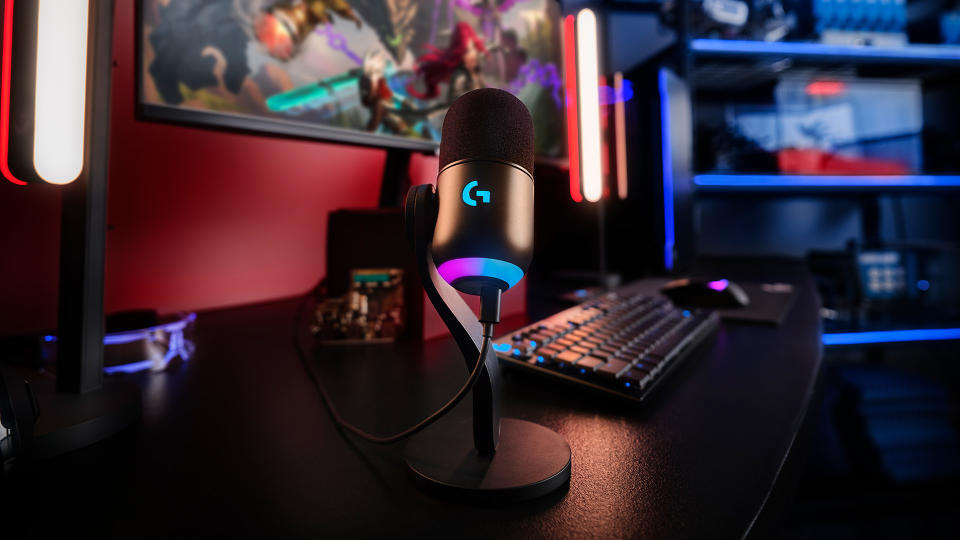 Logitech Yeti GX microphone set up on a desk.