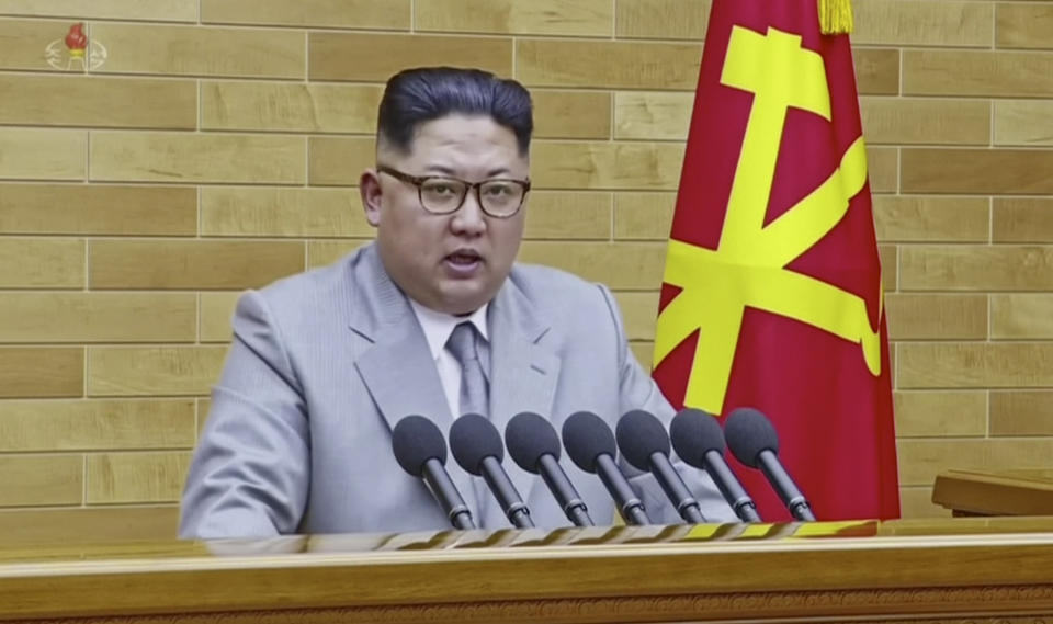 North Korean leader Kim Jong Un speaks in his annual address in undisclosed location, North Korea, Jan. 1, 2018. (Photo: KRT via AP Video)