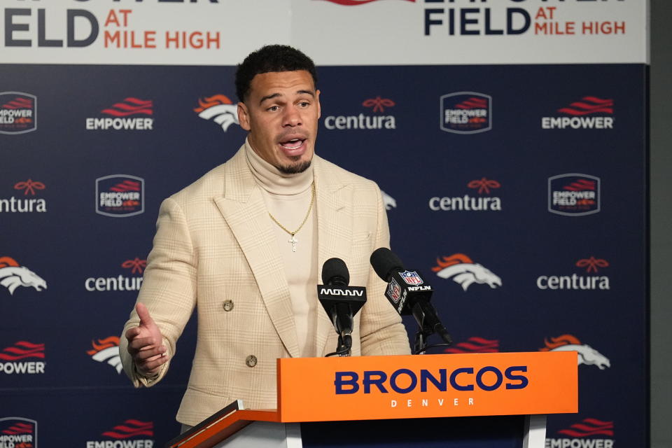 Denver Broncos' Justin Simmons talks during a news conference following a win against the Kansas City Chiefs after an NFL football game Sunday, Oct. 29, 2023, in Denver. (AP Photo/Jack Dempsey)