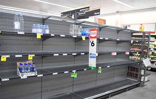 Empty supermarket shelves in Townsville as residents prepared for Cyclone Debbie on Sunday. Photo: Getty Images