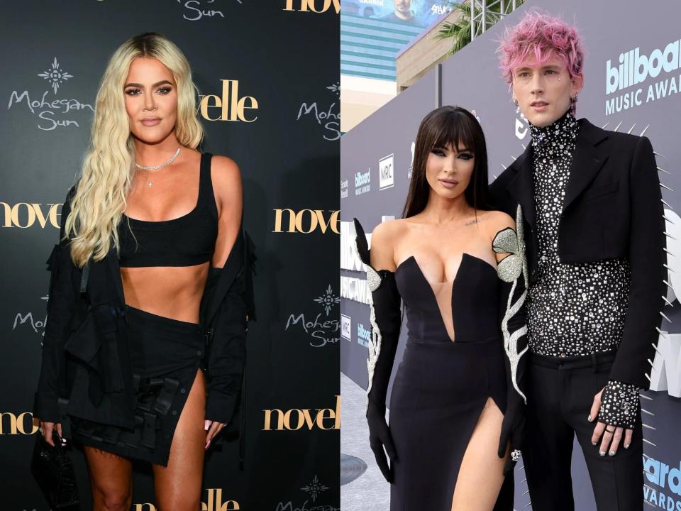 left: khloe kardashian on a red carpet wearing a two-piece black outfit with her midriff bare and looking at the camera; right: megan fox and machine gun kelly on the red carpet at the billboard music awards, both wearing complementary black outfits