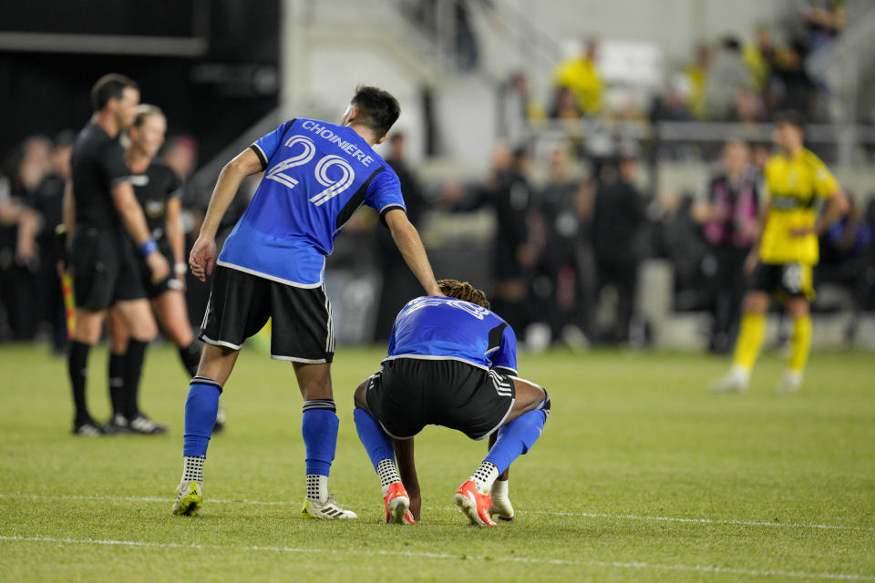 CF Montréal's Mathieu Choinière (29) stands next to Jules-Anthony Vilsaint (28) after the final whistle in the team's MLS soccer match against the Columbus Crew on Saturday, April 27, 2024, in Columbus, Ohio. (AP Photo/Jeff Dean)