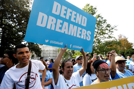 A woman holds a sign during a rally calling for the passage of a clean Dream Act outside the U.S. Capitol in Washington, U.S., September 26, 2017. REUTERS/Kevin Lamarque/Files