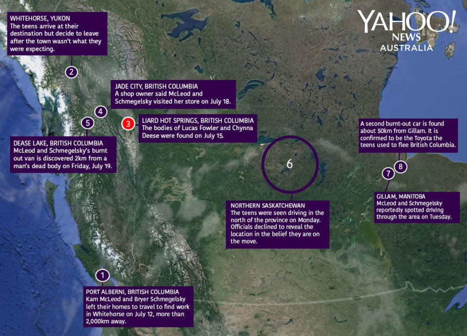 A map shows the movements of suspects Kam McLeod, 19, and Bryer Schmegelsky, 18, throughout Canada as they remain at large. They're accused of murdering Australian man Lucas Fowler and his girlfriend