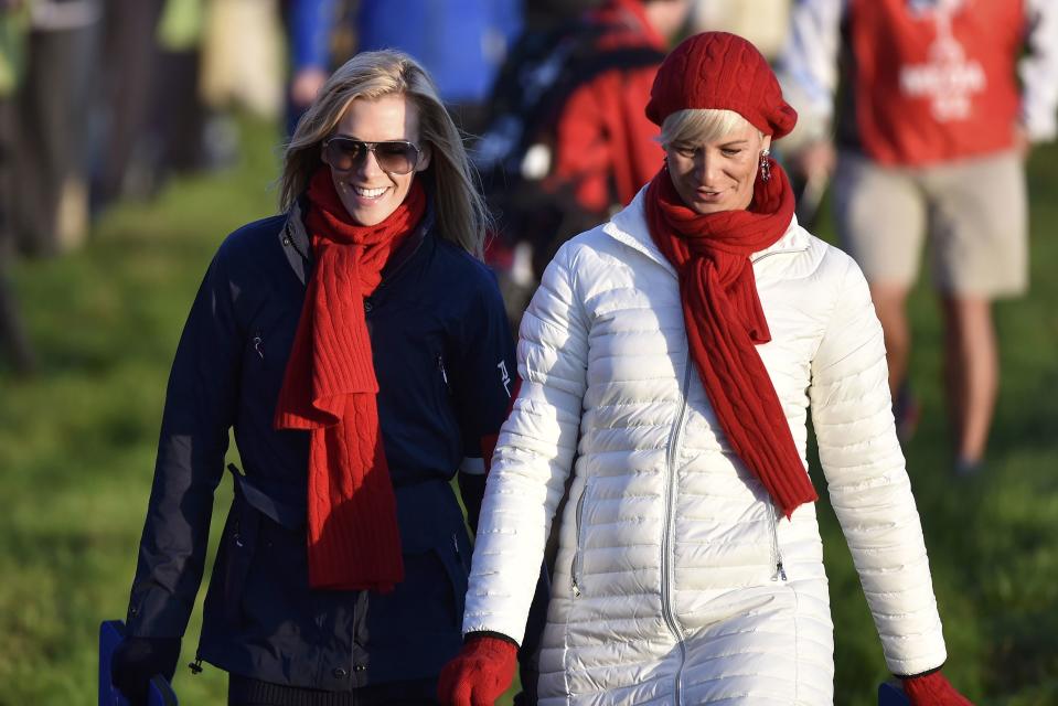 Team U.S. wives Dowd Simpson (L) and Angie Watson watch the 40th Ryder Cup at Gleneagles in Scotland September 26, 2014 REUTERS/Toby Melville (BRITAIN - Tags: SPORT GOLF)