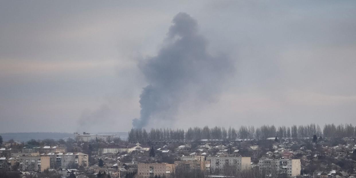 A landscape view of Bakhmut, eastern Ukraine, on a grey day, in which a plume of smoke rises on February 9, 2023.