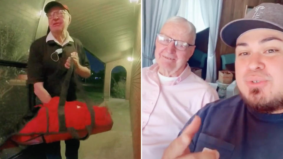 Derlin Newey, 89, on TikTok delivering pizza to Carlos Valdez