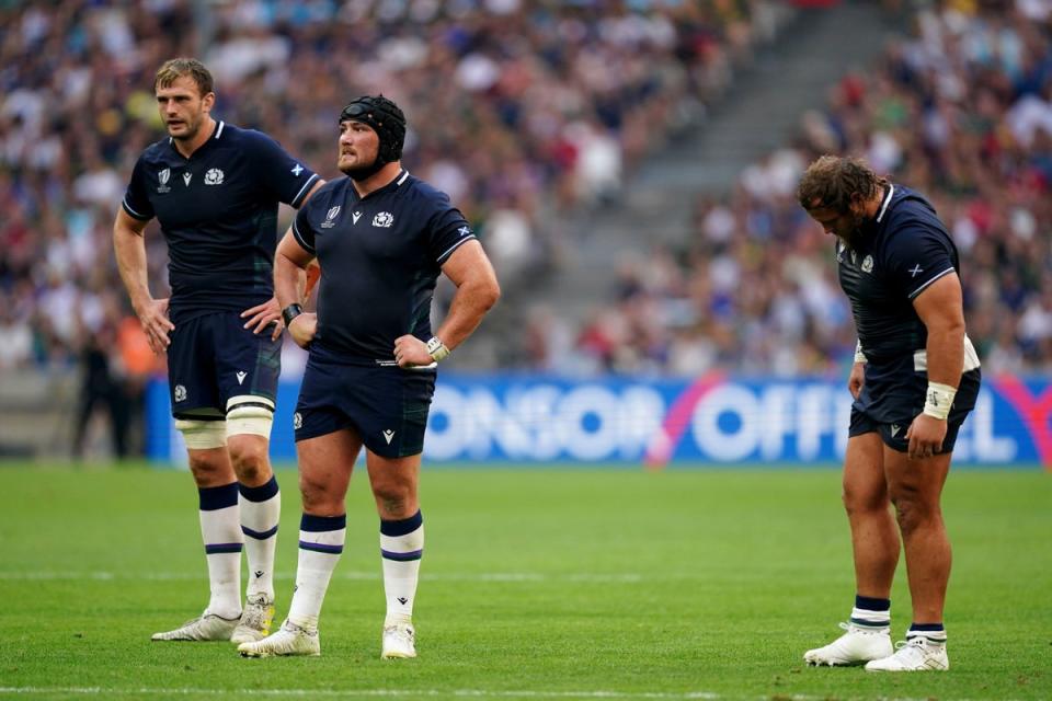 Scotland’s Richie Gray, left, Zander Fagerson and Pierre Schoeman appear dejected after defeat to South Africa (PA)