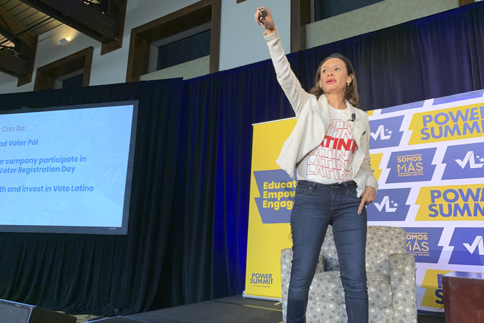 María Teresa Kumar, founding president of the nonprofit advocacy group Voto Latino, delivers opening remarks at a summit on Aug. 28, 2019, in Austin, Texas. Community organizations are gearing up for what they expect will be a worsening onslaught of disinformation targeting voters of color as the 2024 election approaches. (Voto Latino via AP)