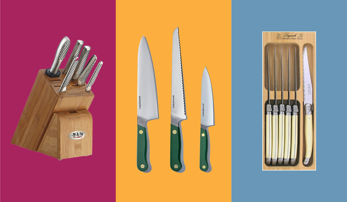 Global knives in a wooden block, a Hedley & Bennett three-piece knife set and a box of Laguiole steak knives