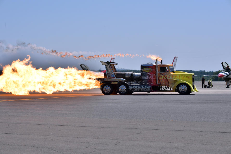 The SHOCKWAVE Jet Truck is seen at the 2018 Great New England Air and Space Show Media Day at Westover Air Force Base on July 13, 2018 in Chicopee, Massachusetts. / Credit: Paul Marotta / Getty Images