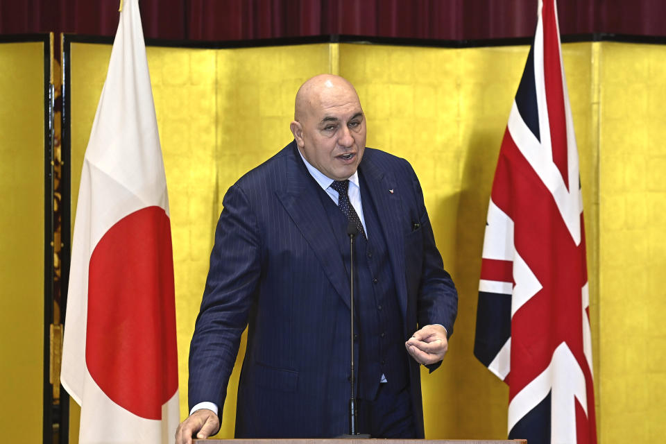 Italy's Defense Minister Guido Crosetto speaks during a joint press conference after a signing ceremony for Global Combat Air Programme (GCAP) with Britain's Defense Minister Grant Shapps and Japanese Defense Minister Minoru Kihara, at the defense ministry Thursday, Dec. 14, 2023, in Tokyo, Japan. (David Mareuil/Pool Photo via AP)