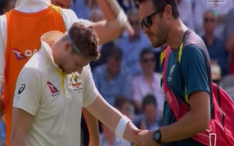 Steve Smith receives treatment - Credit: Sky Sports Cricket