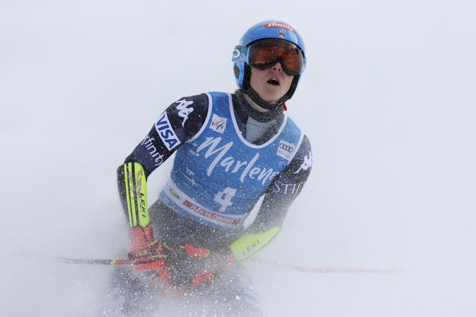 United States' Mikaela Shiffrin reacts after winning an alpine ski, women's World Cup giant slalom, in Kronplatz, Italy, Tuesday, Jan. 24, 2023. Shiffrin won a record 83rd World Cup race Tuesday. (AP Photo/Alessandro Trovati)