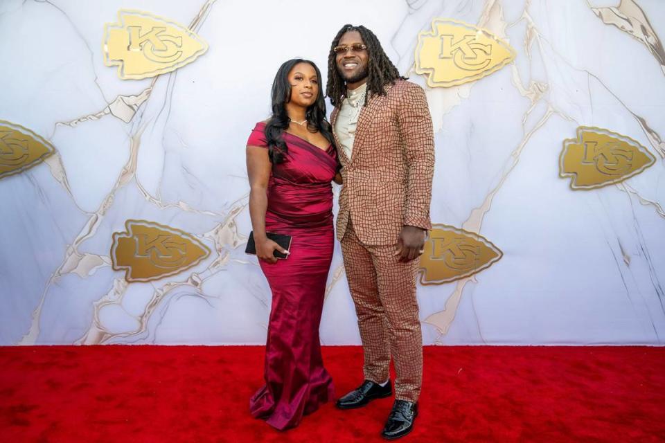 Chiefs linebacker Nick Bolton and date on the red carpet before the Super Bowl LVIII championship ring presentation event on Thursday, June 13, 2024, at The Nelson-Atkins Museum in Kansas City.