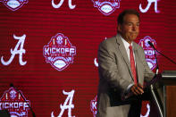 Alabama head coach Nick Saban speaks during the NCAA college football Southeastern Conference Media Days, Wednesday, July 17, 2019, in Hoover, Ala. (AP Photo/Butch Dill)