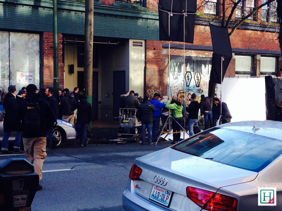 The film crew preps for Dakota Johnson's 'Fifty Shades Of Grey' scene