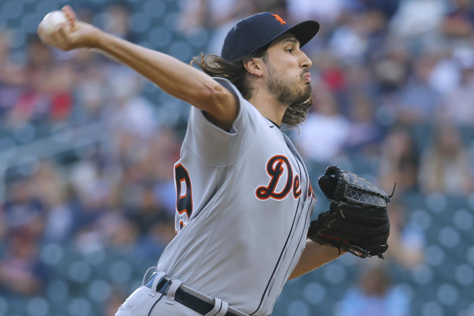 Detroit Tigers starting pitcher Alex Faedo throws to a Minnesota Twins batter during the first inning of a baseball game Tuesday, Aug. 15, 2023, in Minneapolis. (AP Photo/Bruce Kluckhohn)