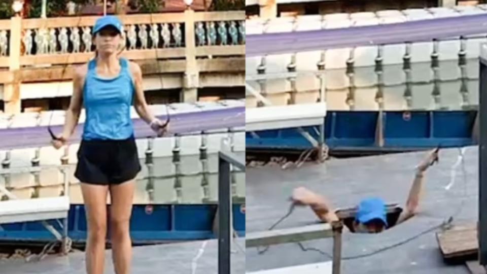 泰國辣媽跳繩，下一秒掉進大洞。（圖／翻攝自pumpuibencharatputthark0 TikTok）