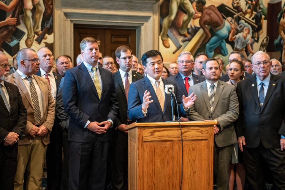 House Majority Leader Jon Patterson, R-Lee's Summit, speaks during an April press conference. Patterson announced last week that Jonathan Ratliff would step aside as executive director of the House Republican Campaign Committee.