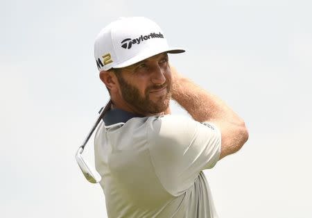 Jun 15, 2016; Oakmont, PA, USA; Dustin Johnson hits his tee shot on the 11th hole during the practice rounds on Wednesday of the 2016 U.S. Open golf tournament at Oakmont CC. Mandatory Credit: John David Mercer-USA TODAY Sports