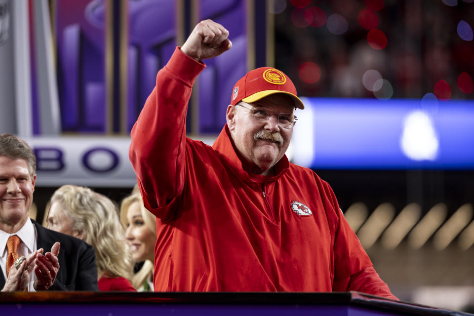 Andy Reid has one more reason to celebrate after securing his third Super Bowl ring. (Michael Owens/Getty Images)