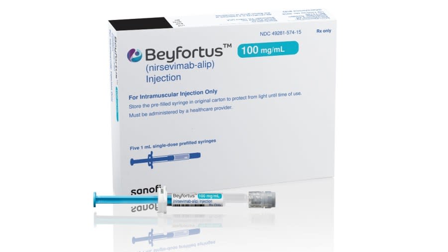 This illustration provided by AstraZeneca depicts packaging for the medication Beyfortus. This new shot for infants against RSV is in short supply, and U.S. health officials told doctors they should prioritize giving the drug to babies at the highest risk of severe disease. (Photo: AstraZeneca via AP)