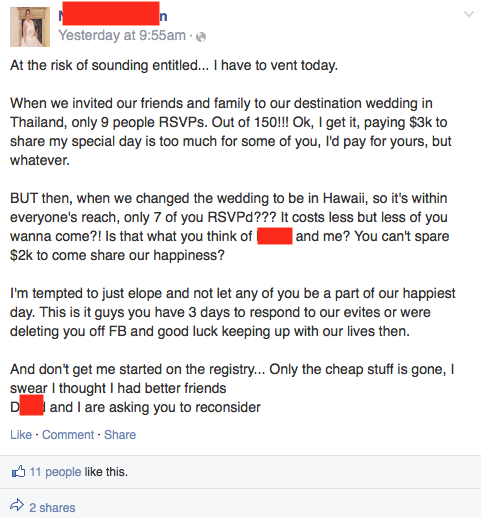 The bride vented after her friends balked at paying $3,000 to attend her destination wedding.