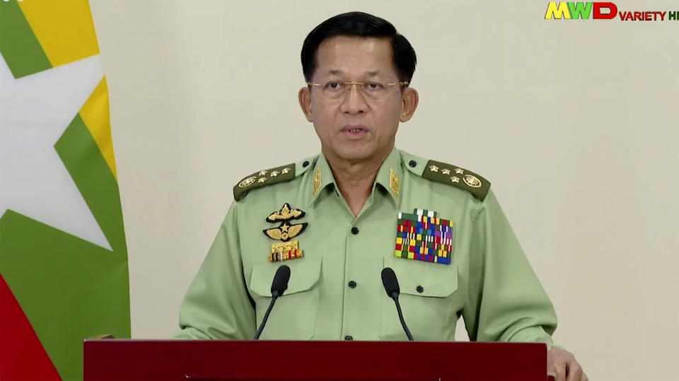 In this image taken from a video aired on Monday, Feb. 8, 2021, Myanmar Commander-in-Chief Senior Gen. Min Aung Hlaing speaks in Naypyitaw, Myanmar. In his first speech to the nation after grabbing power a week ago, Myanmar’s military chief blamed politicians and the election commission for forcing him to stage the coup d’etat. (Myawaddy TV via AP)