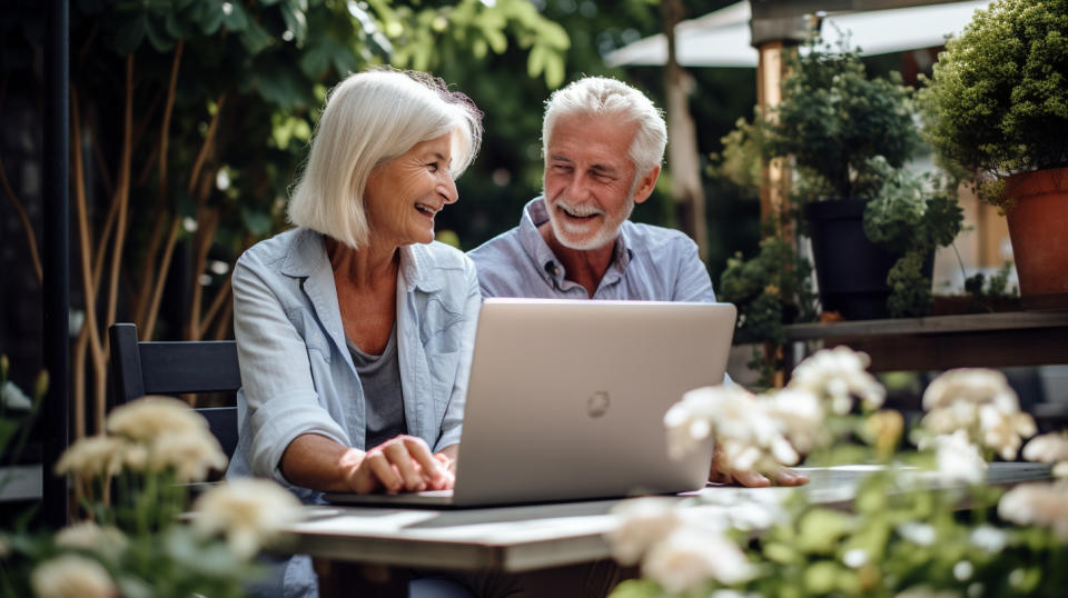 An elderly couple in a garden with a laptop, representing how the company empowers its customers to make the best retirement and tax-deferred investment decisions.