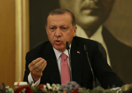 Turkish President Tayyip Erdogan speaks during a news conference at Ataturk International Airport in Istanbul, Turkey September 8, 2017. REUTERS/Osman Orsal