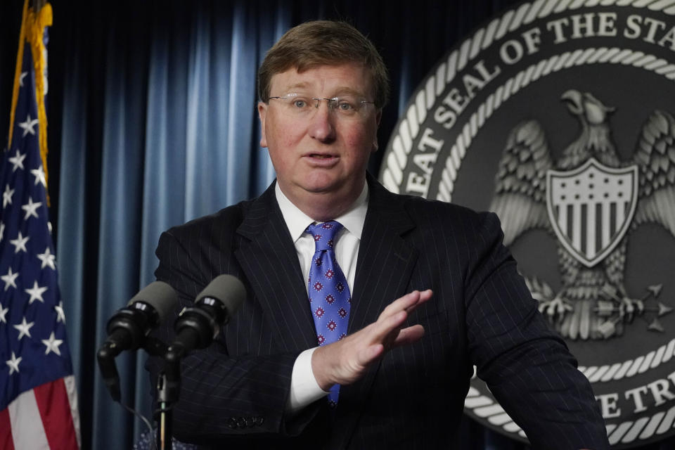 FILE - Mississippi Gov. Tate Reeves speaks at a news conference, Wednesday, April 19, 2023, at a state office building in Jackson, Miss. (AP Photo/Rogelio V. Solis, File)