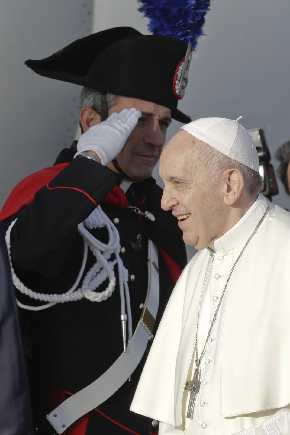 Pope Francis boards an airplane on his way to Panama, at Rome's Fiumicino international airport, Wednesday, Jan. 23, 2019. History's first Latin American pope is the son of Italian immigrants to Argentina and is expected to offer words of hope to young people gathered in Panama for World Youth Day. (AP Photo/Andrew Medichini)