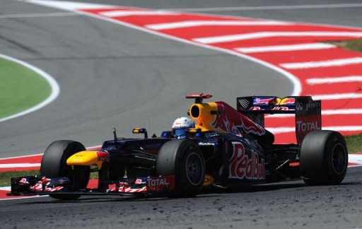 Red Bull Racing's German driver Sebastian Vettel drives at the Circuit de Catalunya