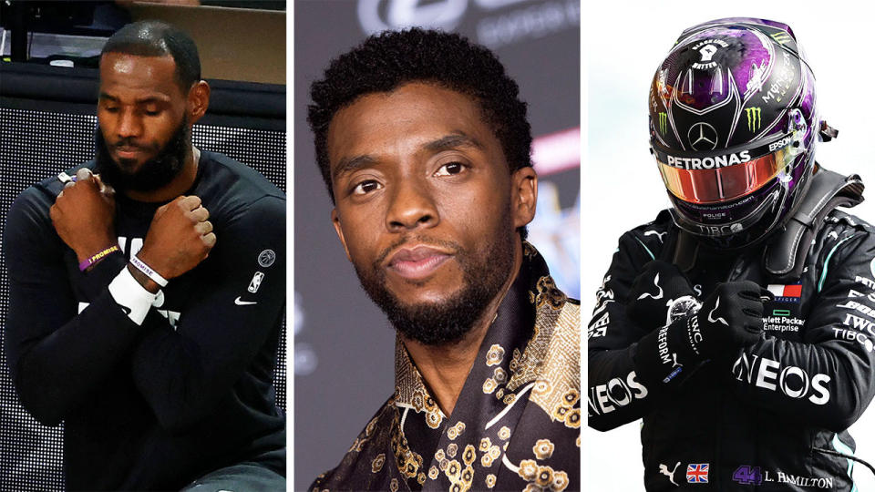 LeBron James (pictured left) and Lewis Hamilton (pictured right) perform the 'Wakanda Forever' salute after the death of actor Chadwick Boseman (pictured middle). (Getty Images)