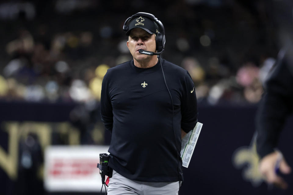 New Orleans Saints head coach Sean Payton walks on the sideline in the first half of an NFL preseason football game against the Jacksonville Jaguars in New Orleans, Monday, Aug. 23, 2021. (AP Photo/Derick Hingle)