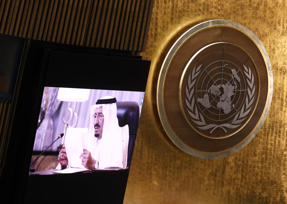 King of Saudi Arabia King Salman Bin Abdulaziz Al-Saud delivers a pre-recorded message to the 76th Session of the U.N. General Assembly at United Nations headquarters in New York, on Wednesday, Sept. 22, 2021. (John Angelillo/Pool Photo via AP)