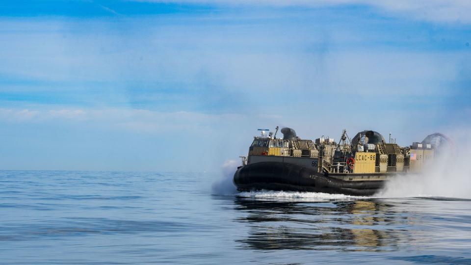 Sailors operate landing craft air cushions during recovery efforts of a high-altitude balloon in the Atlantic Ocean, Feb. 8, 2023. (MCS1 Ryan Seelbach/Navy)