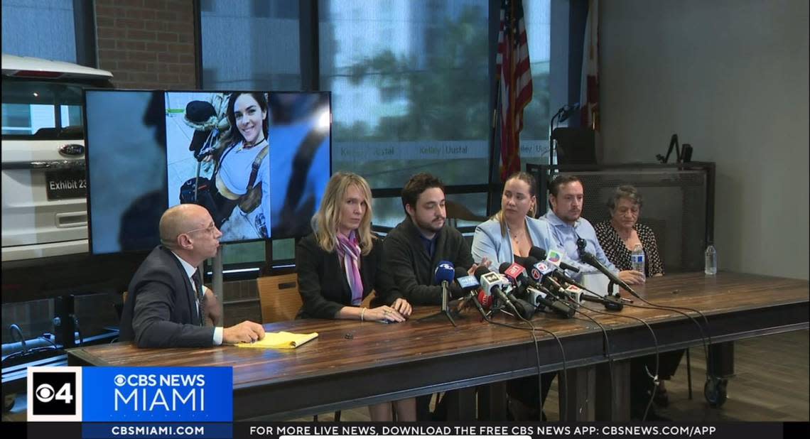 Attorney Courtney Caprio, second left to right, speaks to reporters about the disappearance of Ana María Knezevich Henao, 40, during a press conference in Fort Lauderdale, Florida, on May, 8, 2024. Caprio, other attorneys and Knezevich Henao’s family members asked the public to help find the missing Colombian American woman who lived in Fort Lauderdale until December.